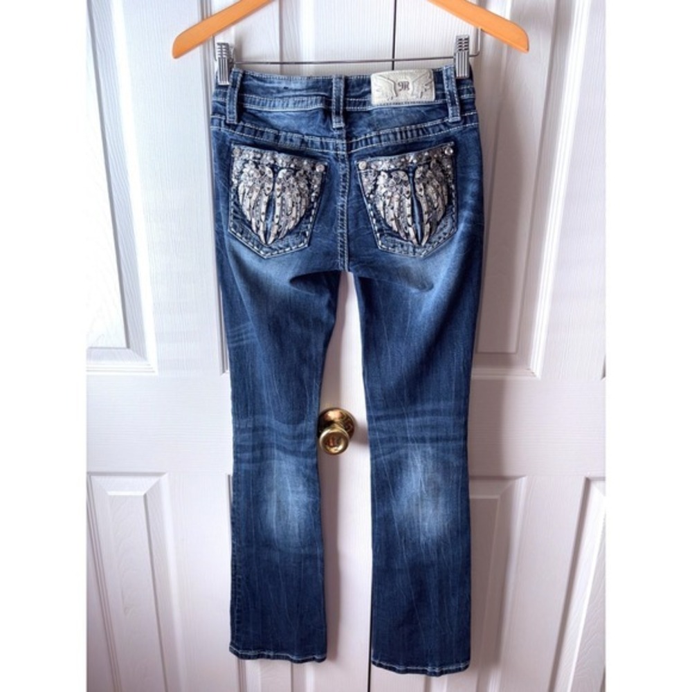 VINTAGE Y2K Miss Me Angel Wing Embellished Bling Low-Rise Slim Boot Cut Jeans 24